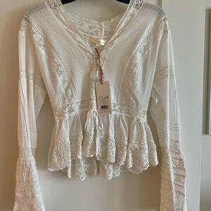 LoveShackFancy Mindy White  Peplum Ruffled Long Sleeve Blouse